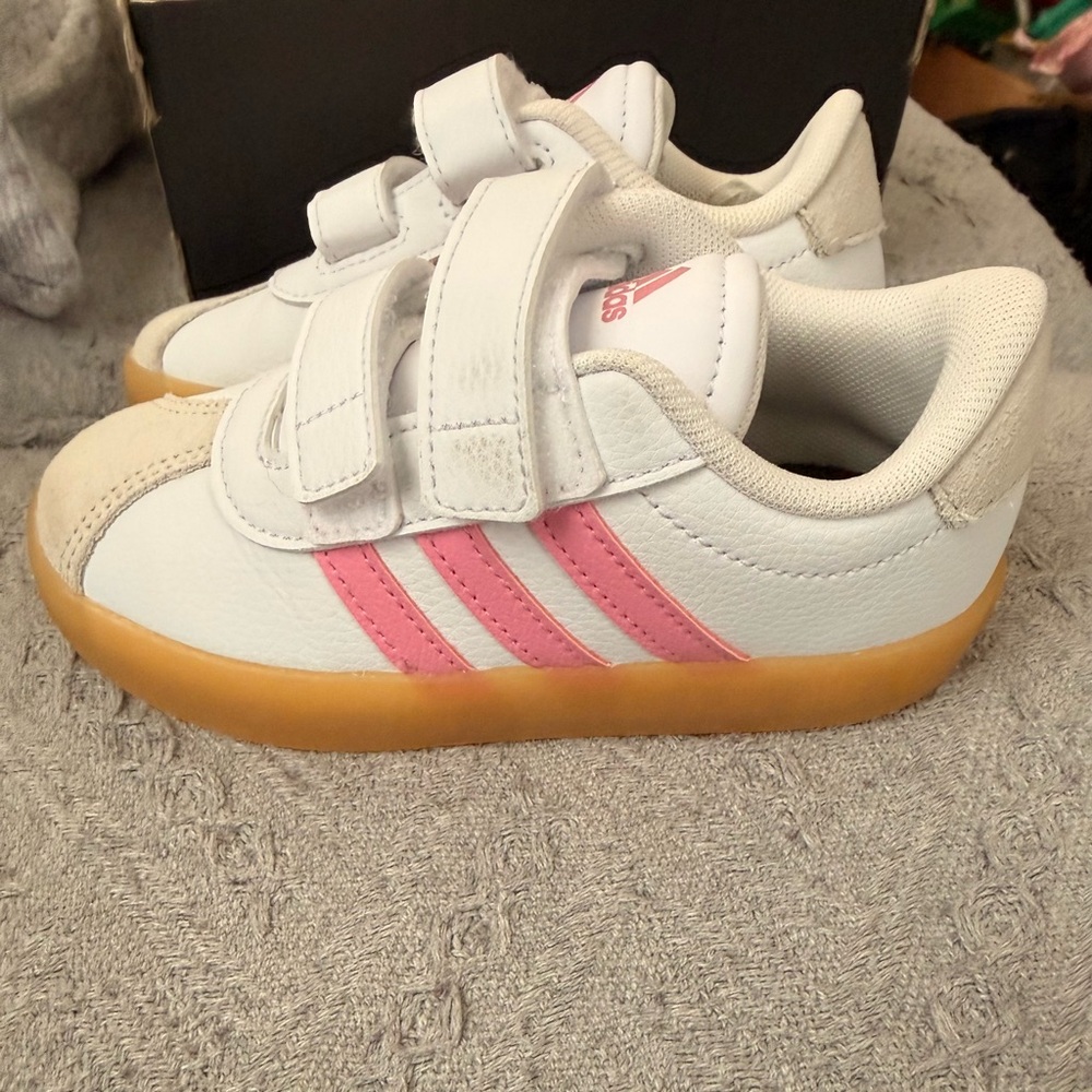 Adidas Kids' VI Court 3.0 White and Pink Velcro Sneakers